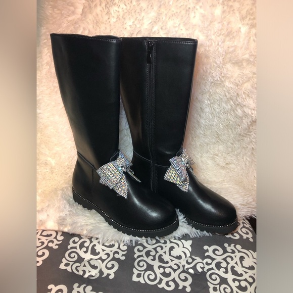 Kurt Geiger Elegant Black Knee-High Boots with Rhinestone Bow 2M - Picture 1 of 14